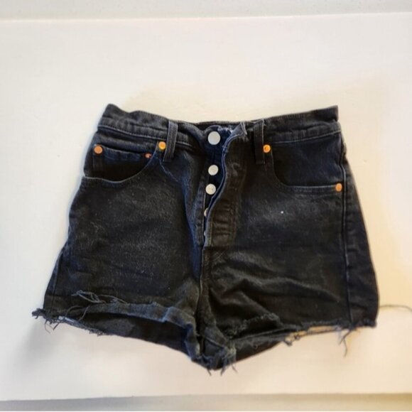 Levis Ribcage Button Fly Denim Jean Shorts Cutoffs Frayed Hem High Rise Black - Picture 4 of 10